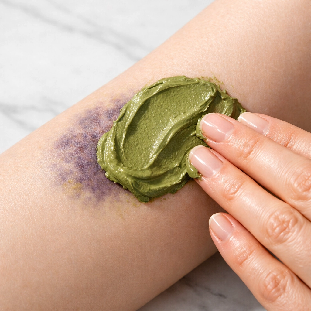 Applying bentonite clay paste to purple bruise on forearm for natural healing