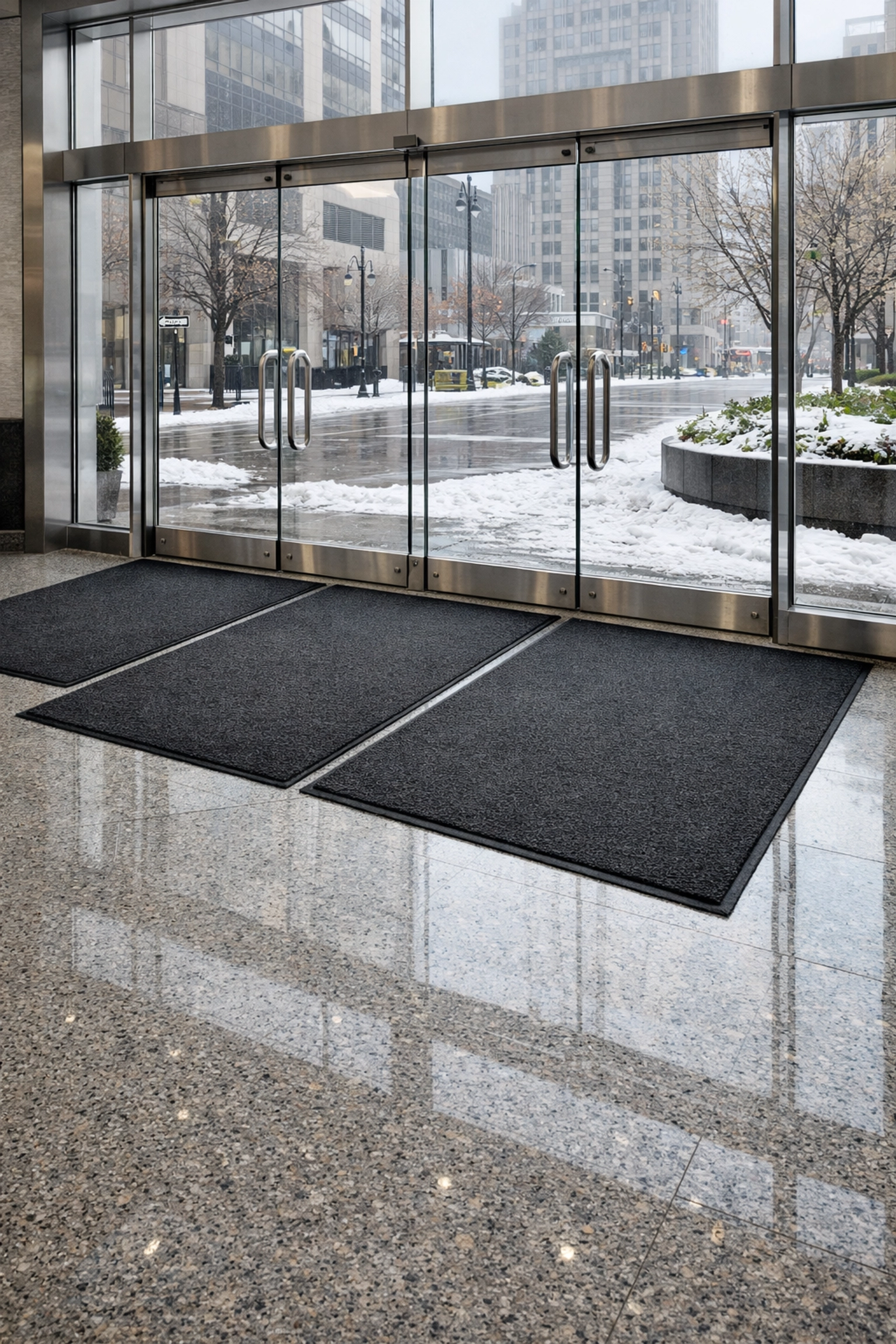 Pristine granite lobby entrance of a Detroit commercial building with clean floors during winter.