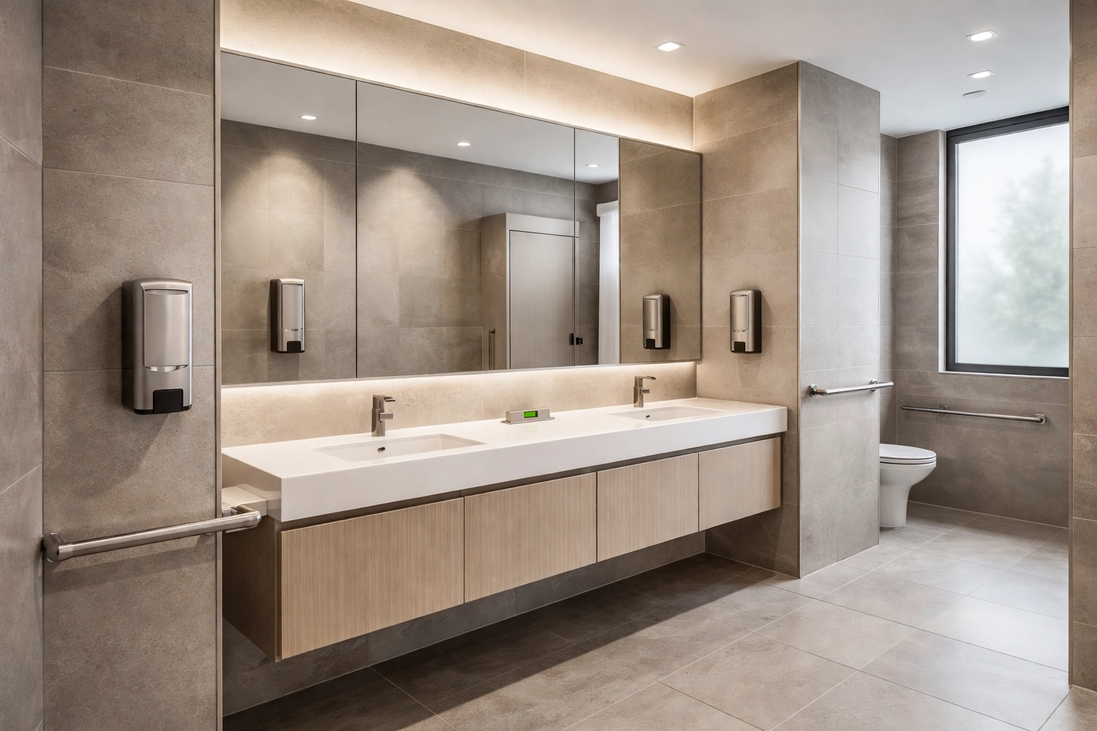 Modern commercial bathroom with touchless soap dispenser, stainless steel fixtures, and grab bars for safety and style