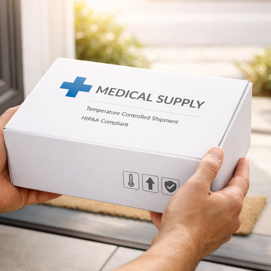 Discreet medical weight loss medication package delivered directly to a patient's home in California.