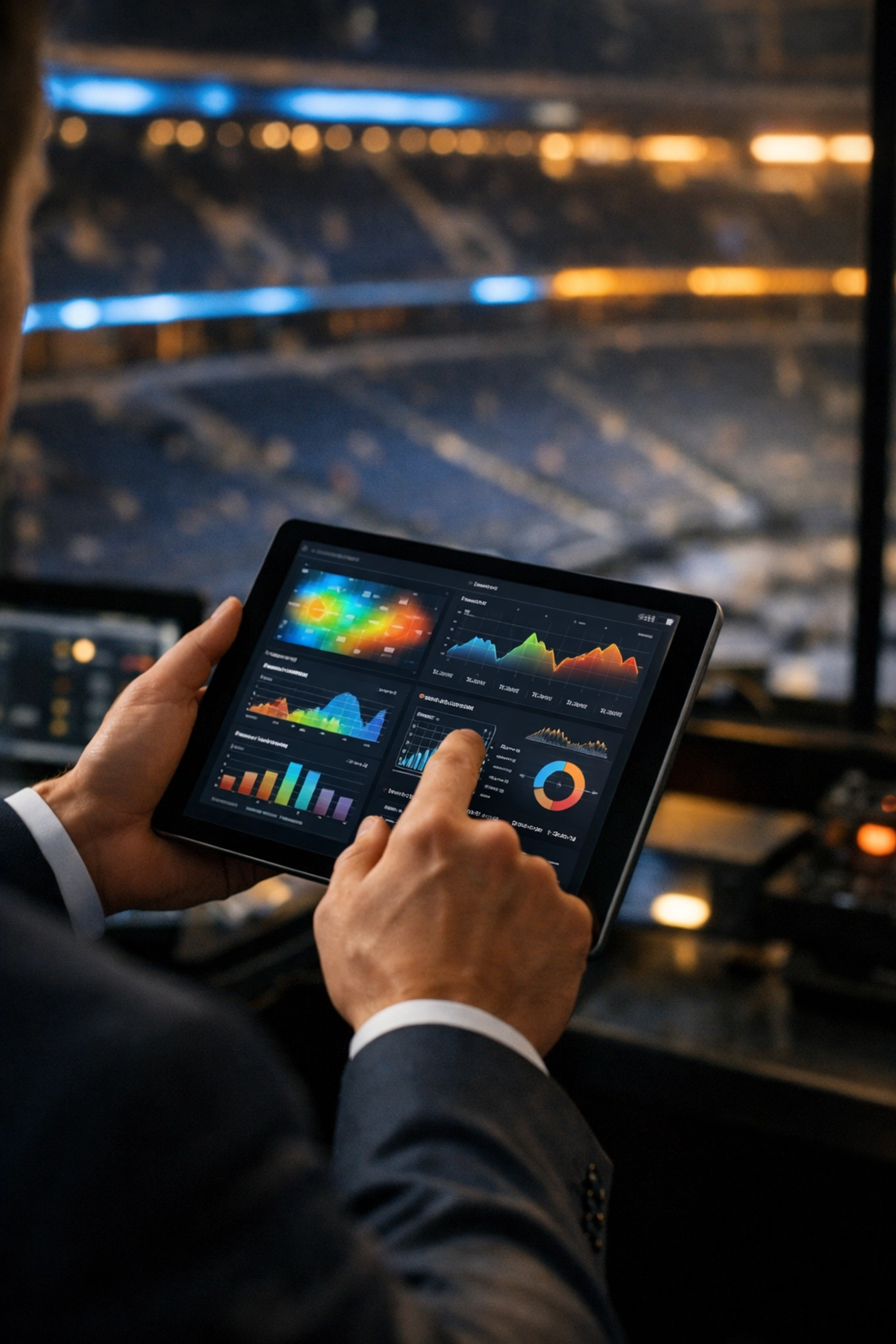 Venue manager analyzing digital signage performance data on a tablet to optimize venue ROI and screen timing.