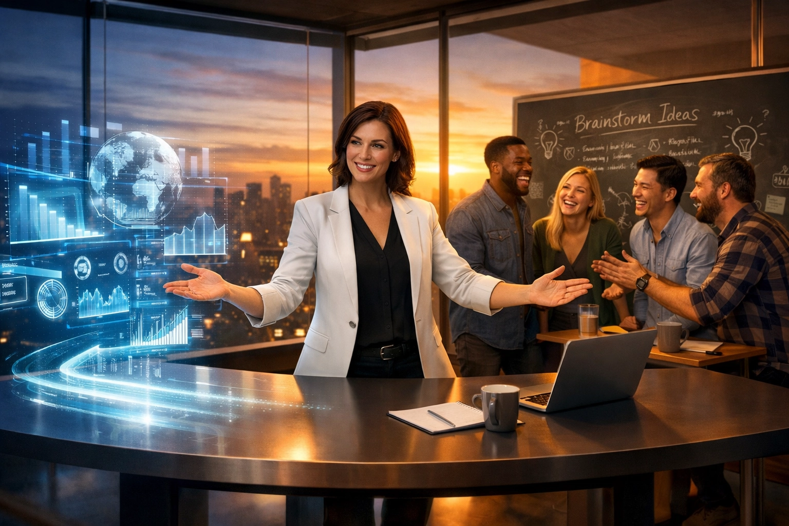 A leader bridging the gap between AI data streams and a creative brainstorming human team.