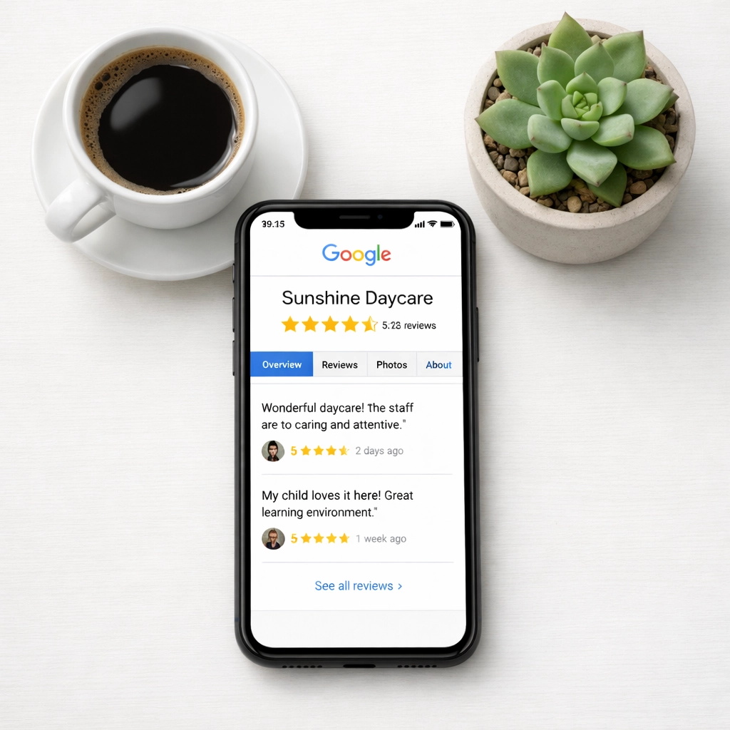 Google Business Profile showing five-star daycare reviews