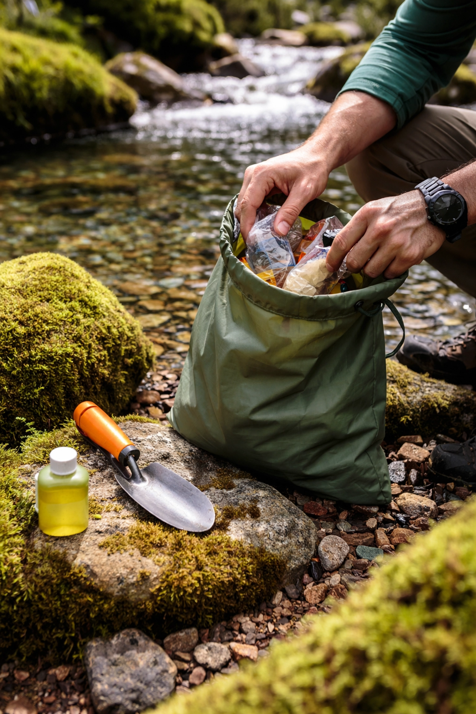 Hiker packing out waste beside a UK mountain stream, practicing Leave No Trace camping