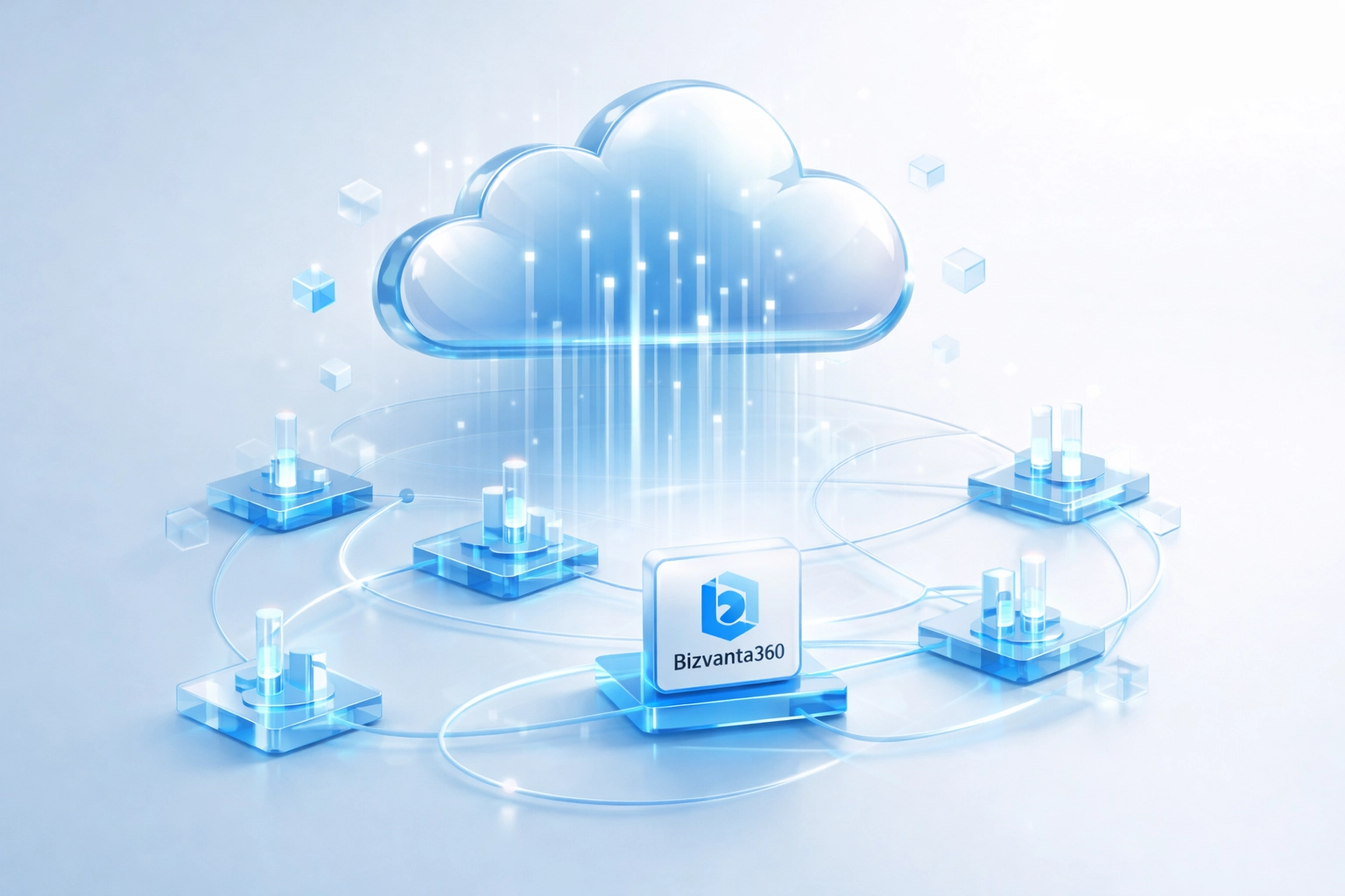 Cloud communications network visualization showing connected business phone system scalability. Subtle Bizvanta360 logo integrated into the background.