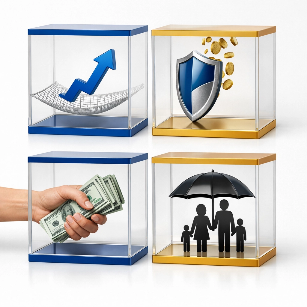 Four Box Test framework displaying rate of return, taxes, living benefits, and death benefit criteria