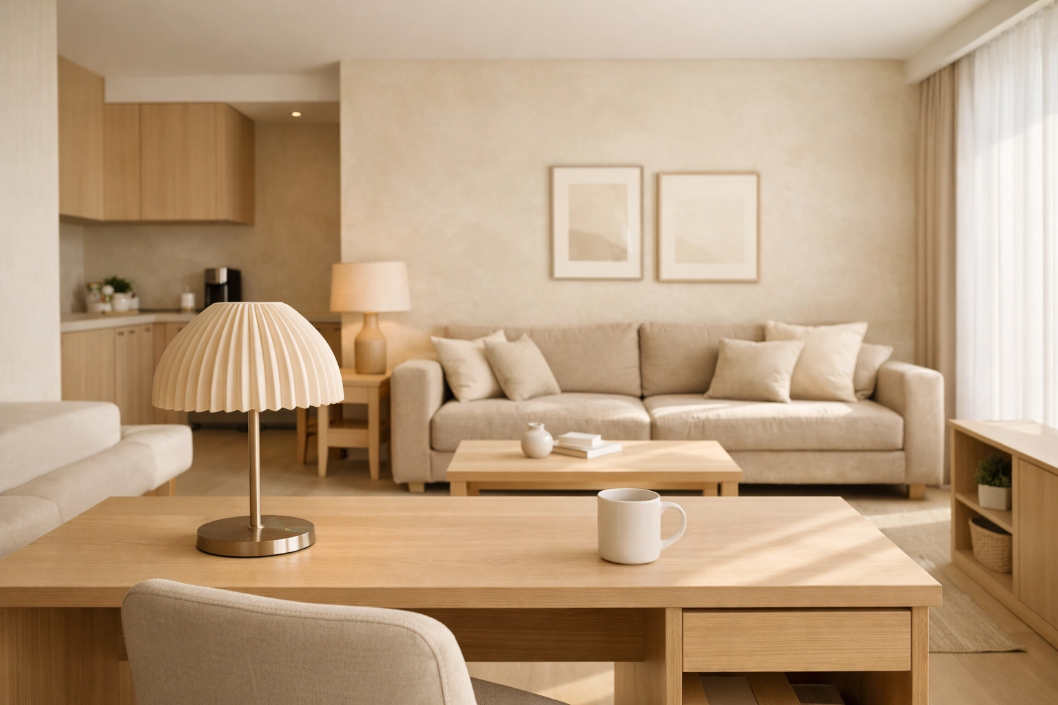 Modern hotel suite with a dedicated workspace and comfortable seating for long-term extended stay guests.