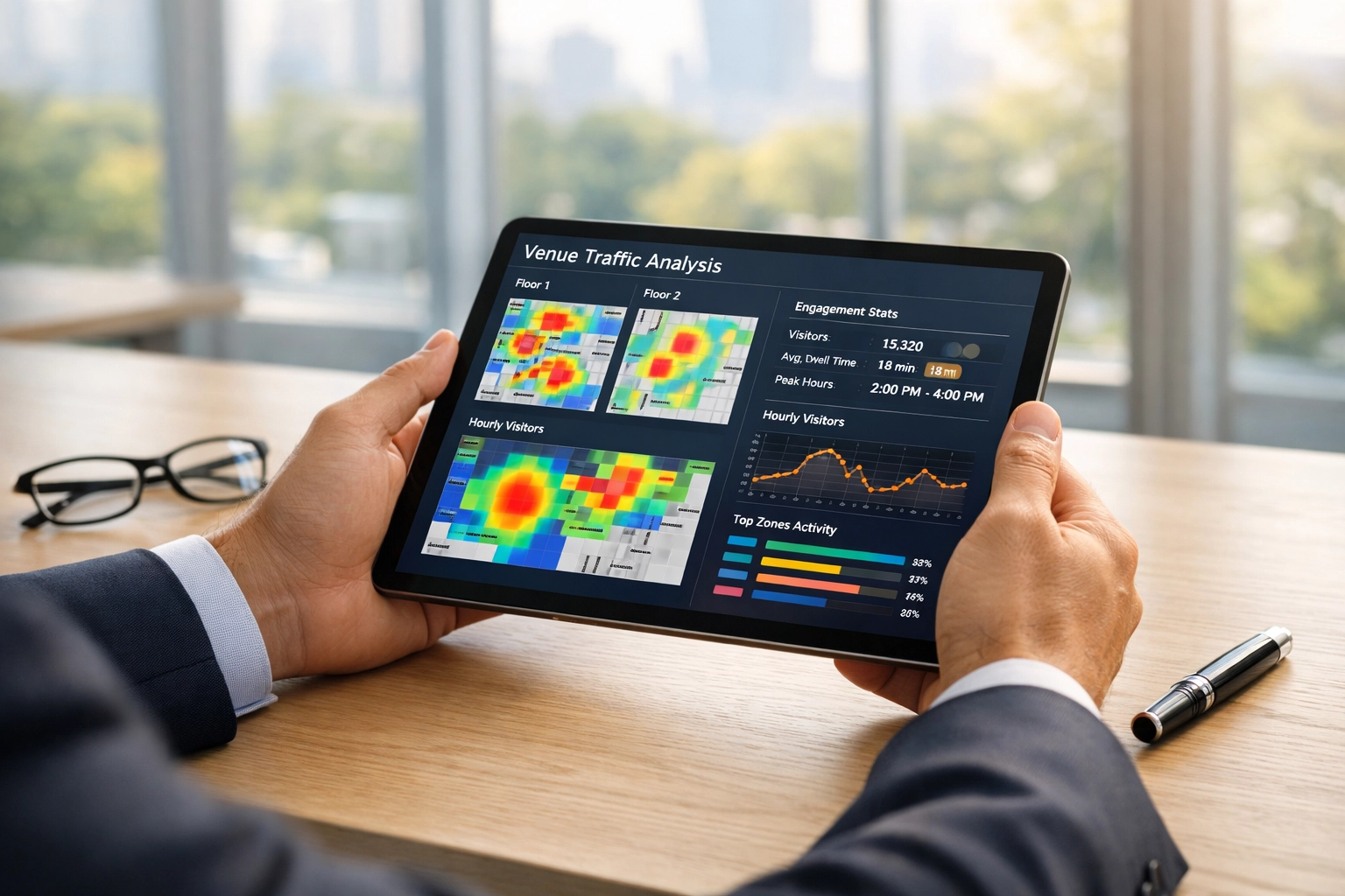 Business strategist reviewing a data analytics dashboard for venue engagement and revenue growth.