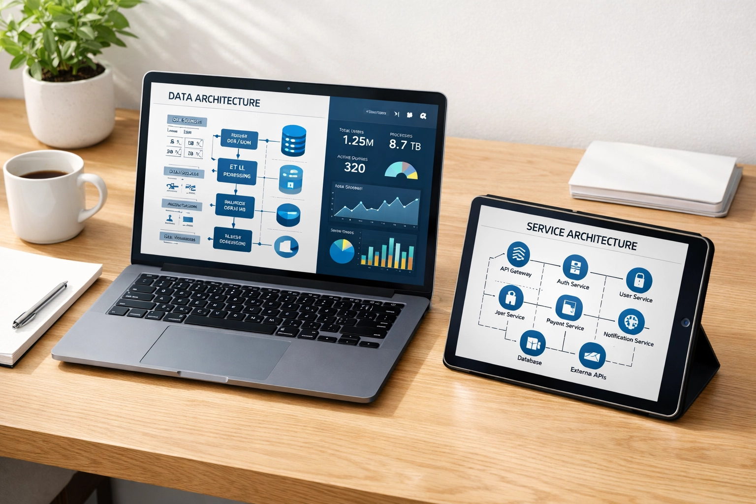 A modern desk with a laptop showing a ServiceNow ITOM service map and data architecture dashboard.