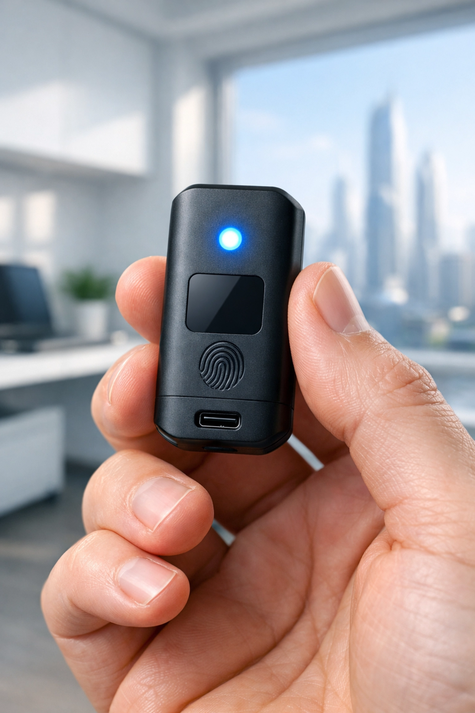 Secure crypto hardware wallet held in hand, illustrating self-custody for Larecoin Web3 payment processing.