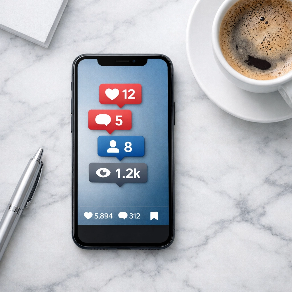 Smartphone displaying social media engagement metrics for law firm digital marketing