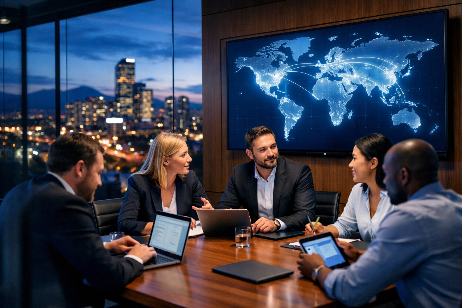 Strategic media consulting team in a boardroom developing cross-sector business solutions for global digital transformation.