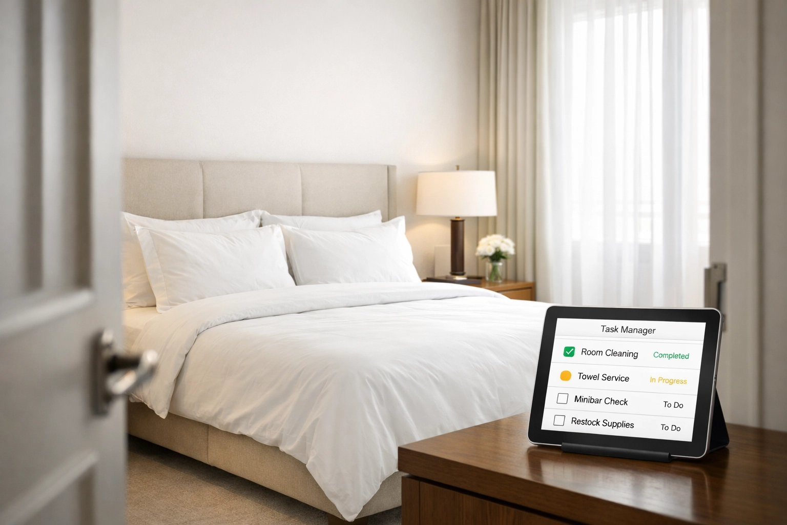 Hotel room with automated housekeeping task management system on tablet