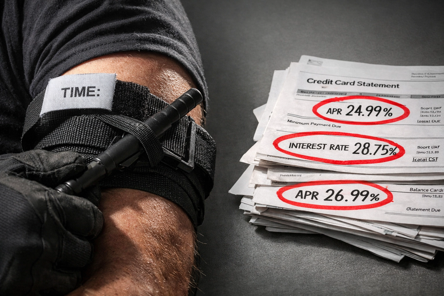 Medical tourniquet stopping bleeding alongside credit card debt statements