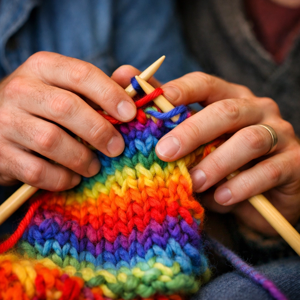 Two men knitting with rainbow yarn on a sofa, highlighting hands-on queer hobbies and community building.