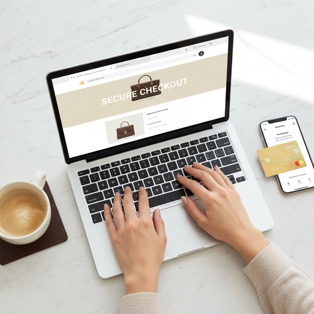 A picture of an overhead view of a woman's hands typing on a laptop. She is placing an order online, and has a latte to her left, and her phone and credit card on her right Shopping guide
