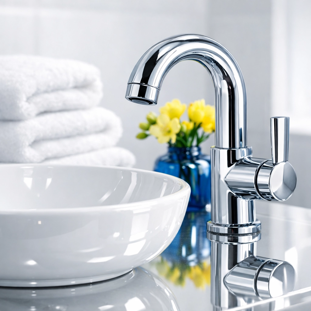Sparkling bathroom vanity and chrome faucet following a detailed post-construction cleaning service.