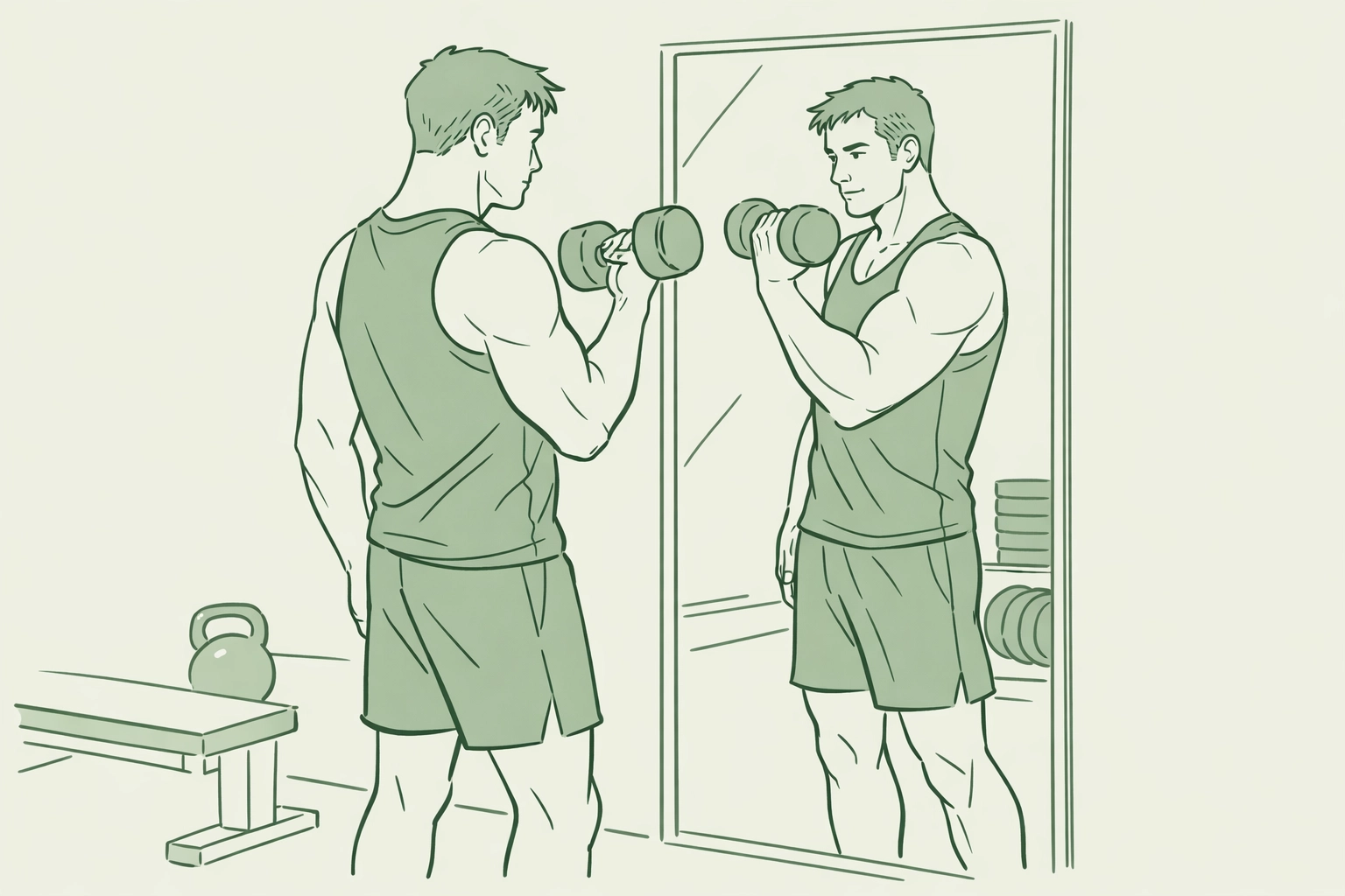 Gay man admiring reflection during solo workout representing self-love and fitness devotion