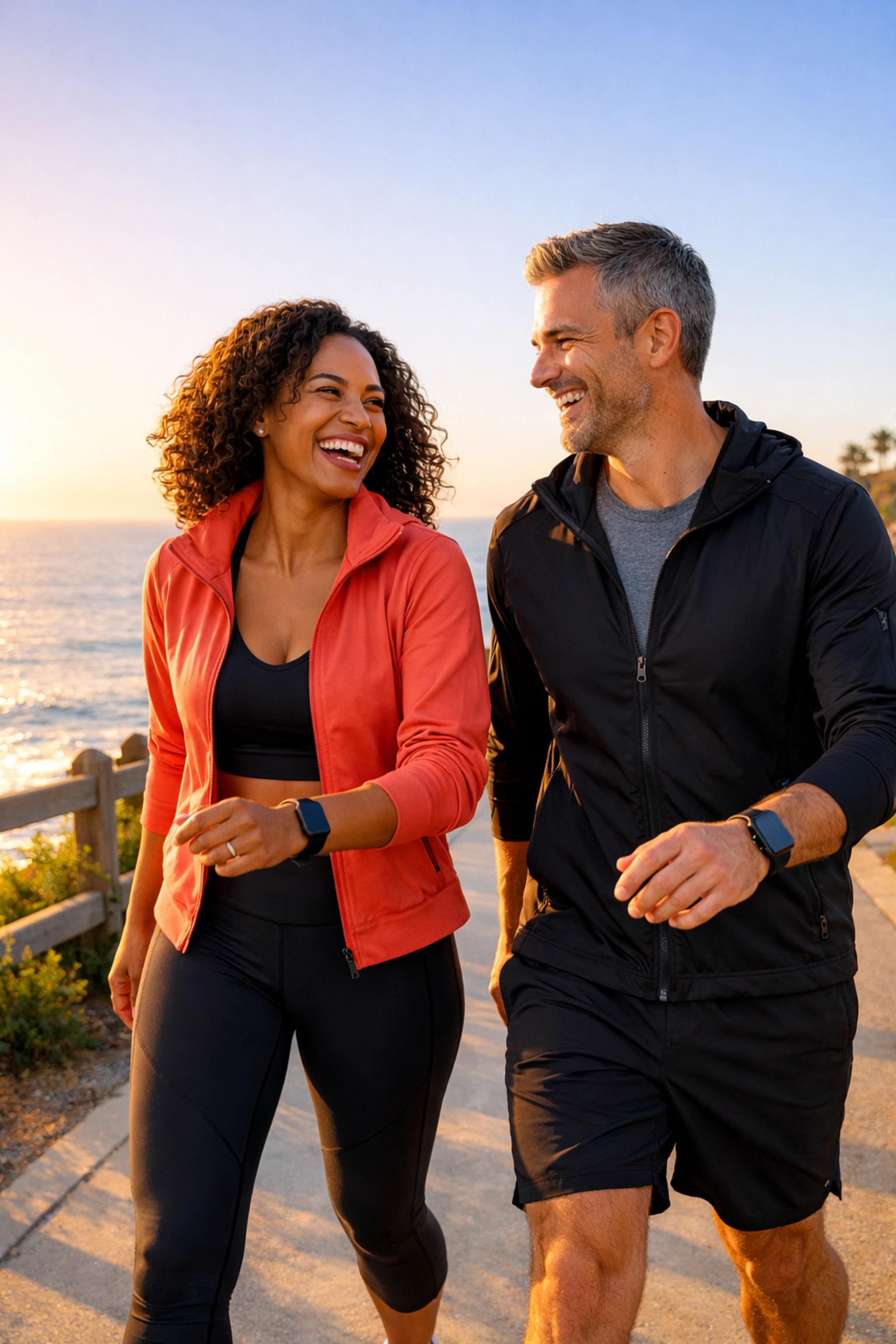 Healthy couple walking along the California coast after achieving their medical weight loss goals.