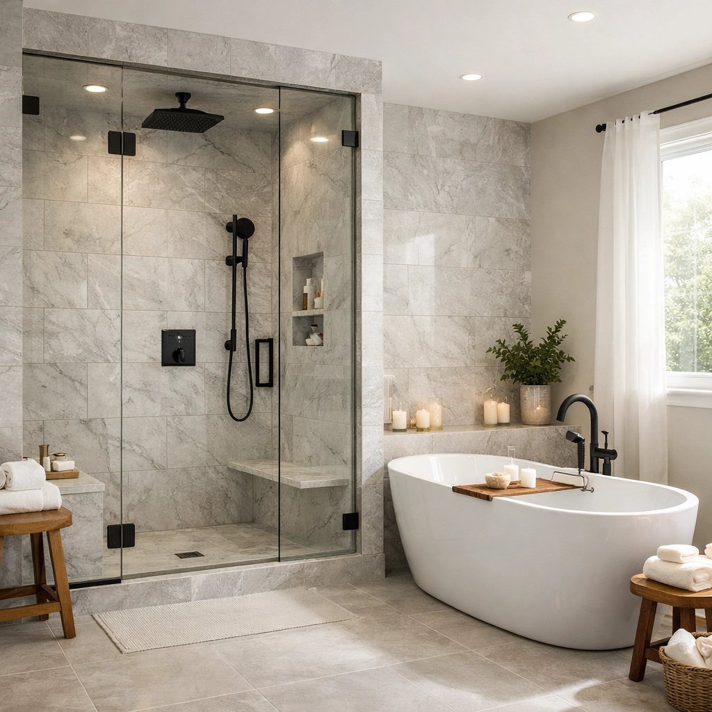 Luxurious Central Ohio bathroom remodel with a spa-like walk-in shower and freestanding soaking tub.