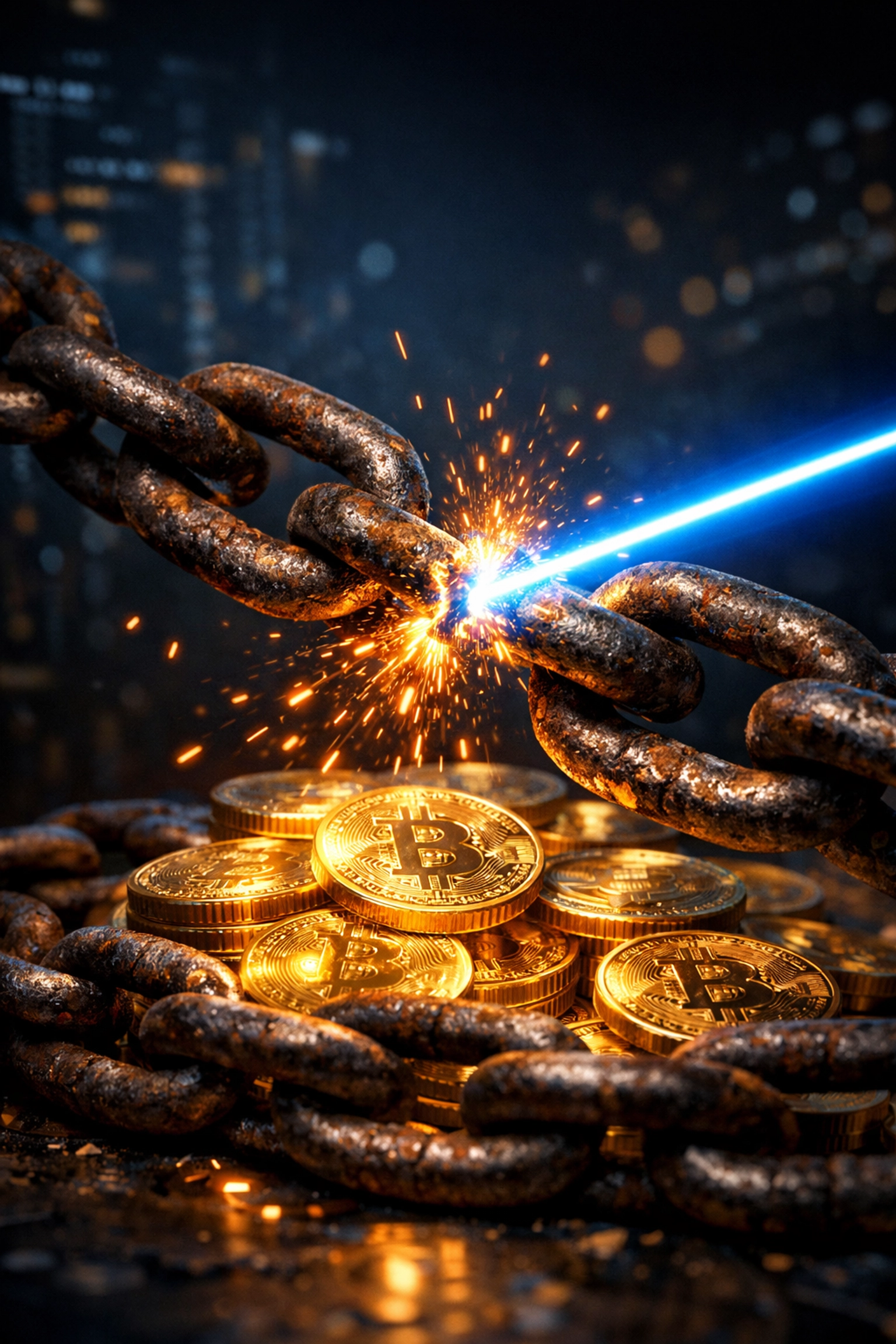 Blue laser cutting through chains around digital coins, representing Larecoin slashing merchant fees.