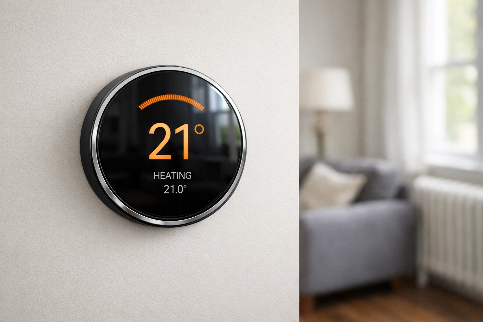 Modern smart thermostat installed in a UK home to reduce energy bills and heating costs.