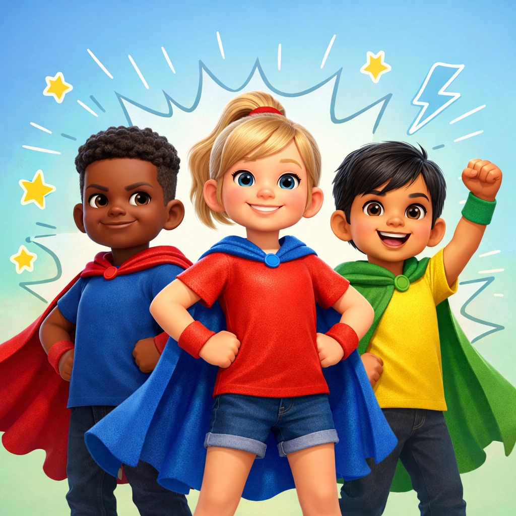 A diverse group of kids dressed in "Stay Dry Squad" capes, standing confidently like superheroes, illustrating the concept of internal muscle power.