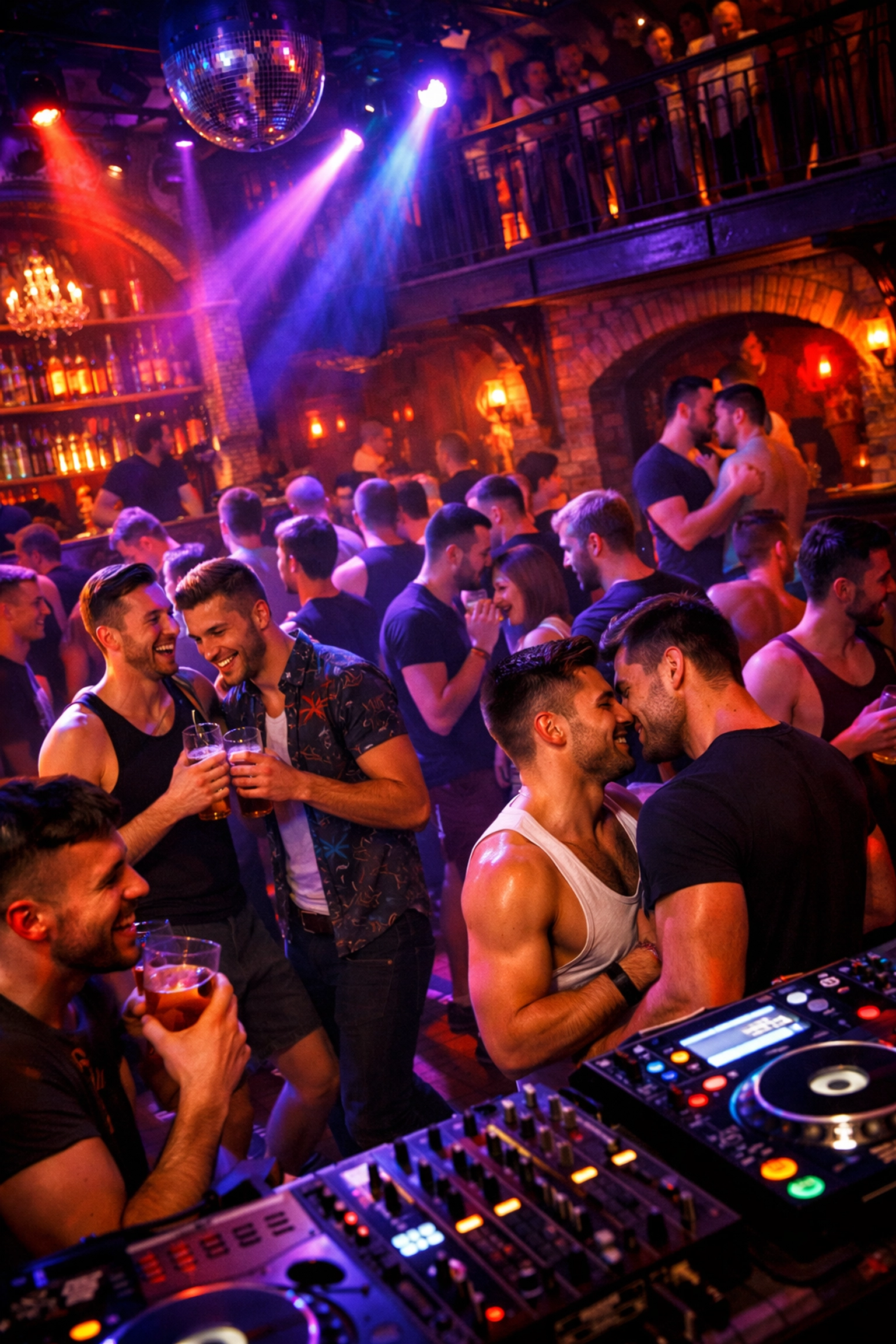 Gay men dancing at Budapest LGBTQ+ nightclub with colorful lights