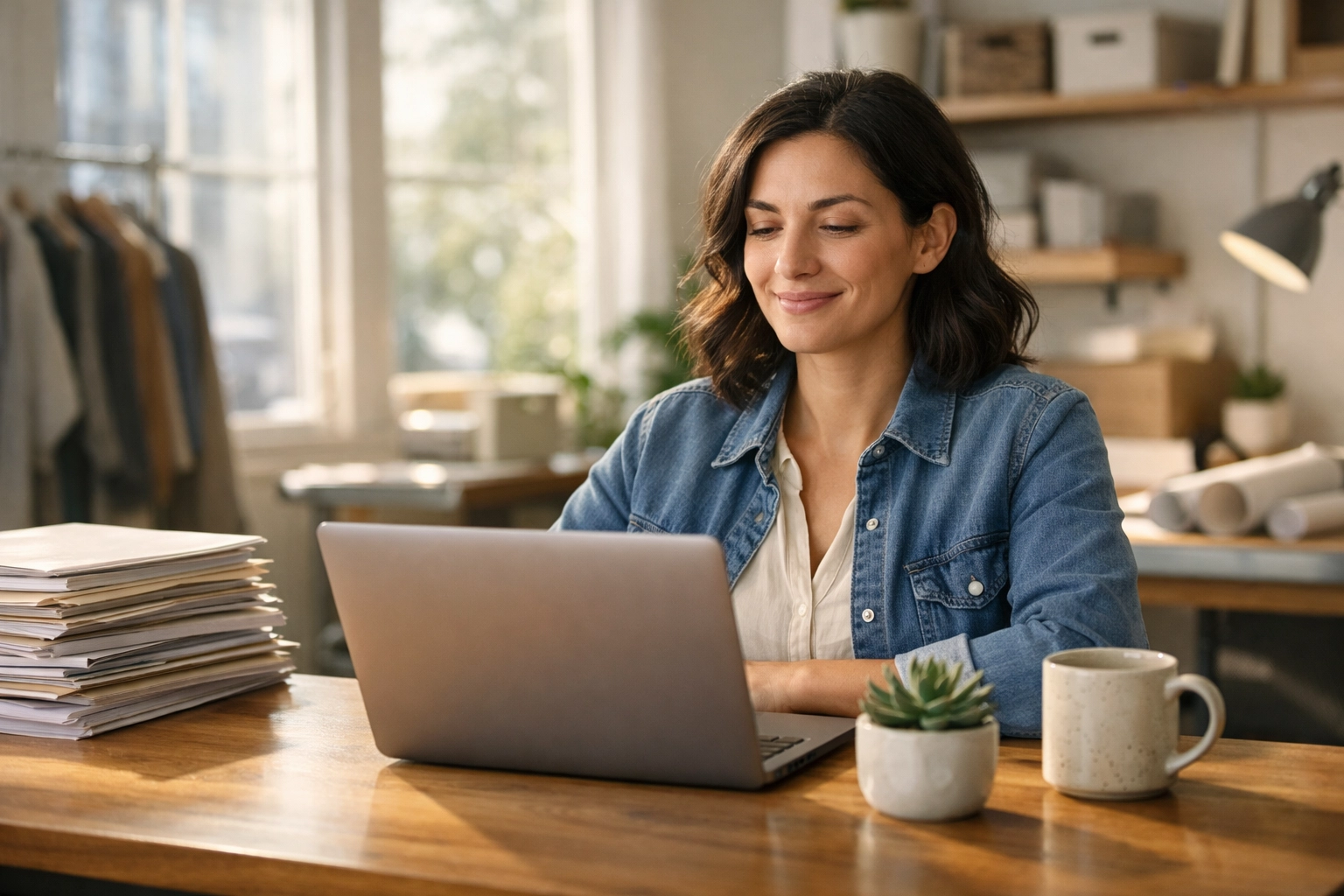 Small business owner feeling relief using modern bookkeeping software instead of manual spreadsheets.