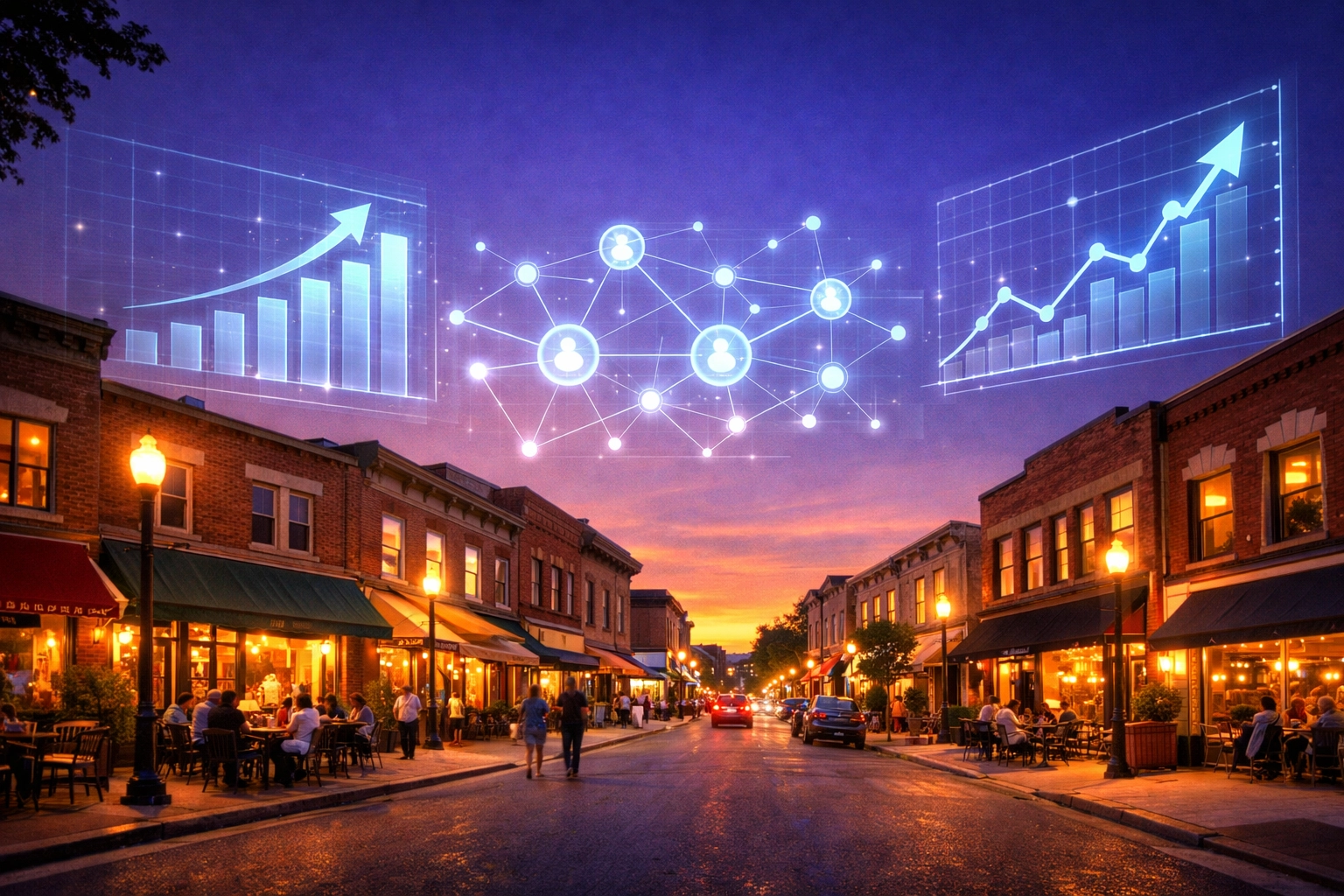 Local shops with holographic data charts showing growth from local SEO services.