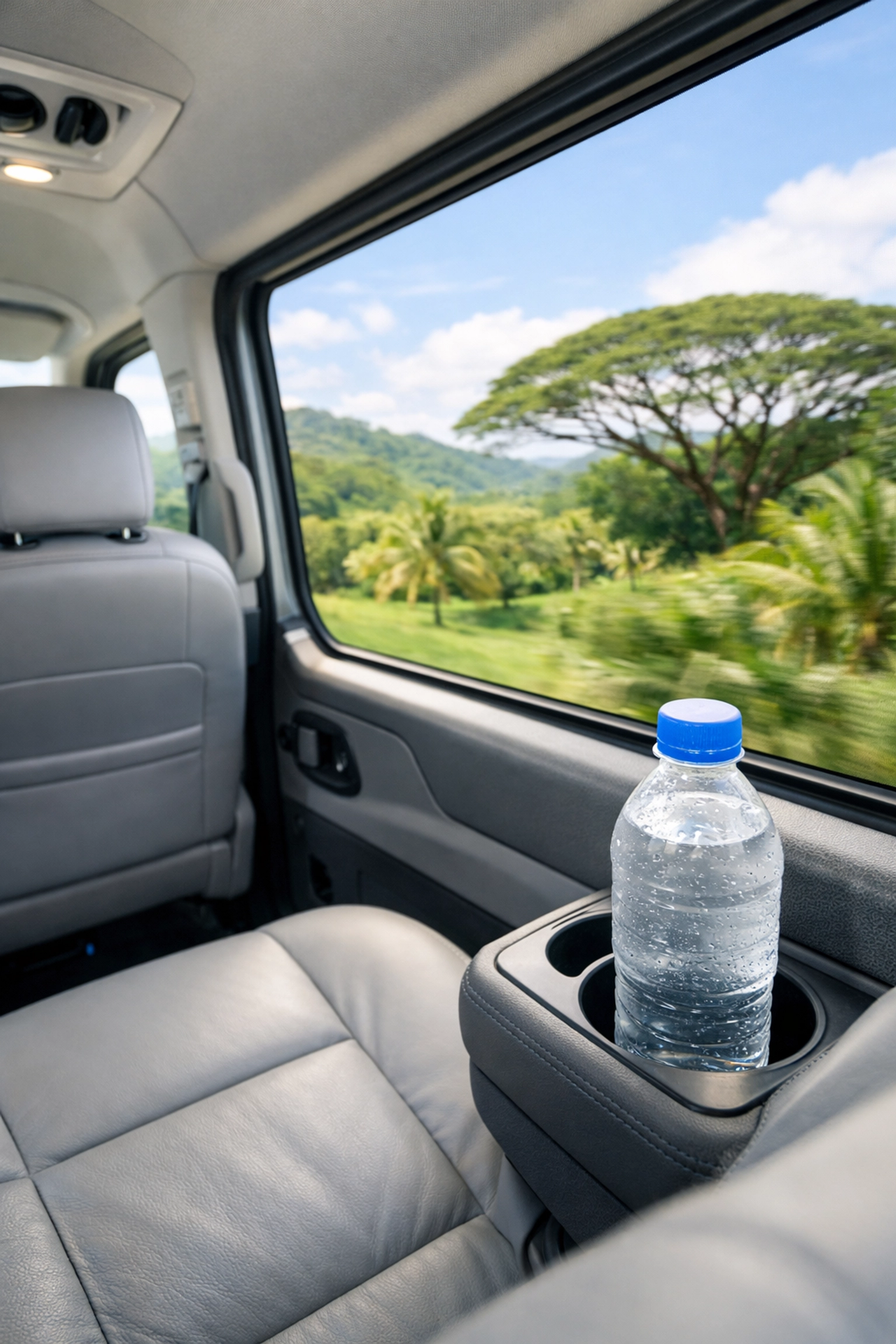 Comfortable, air-conditioned interior of a Liberia Costa Rica airport transfer with tropical views.