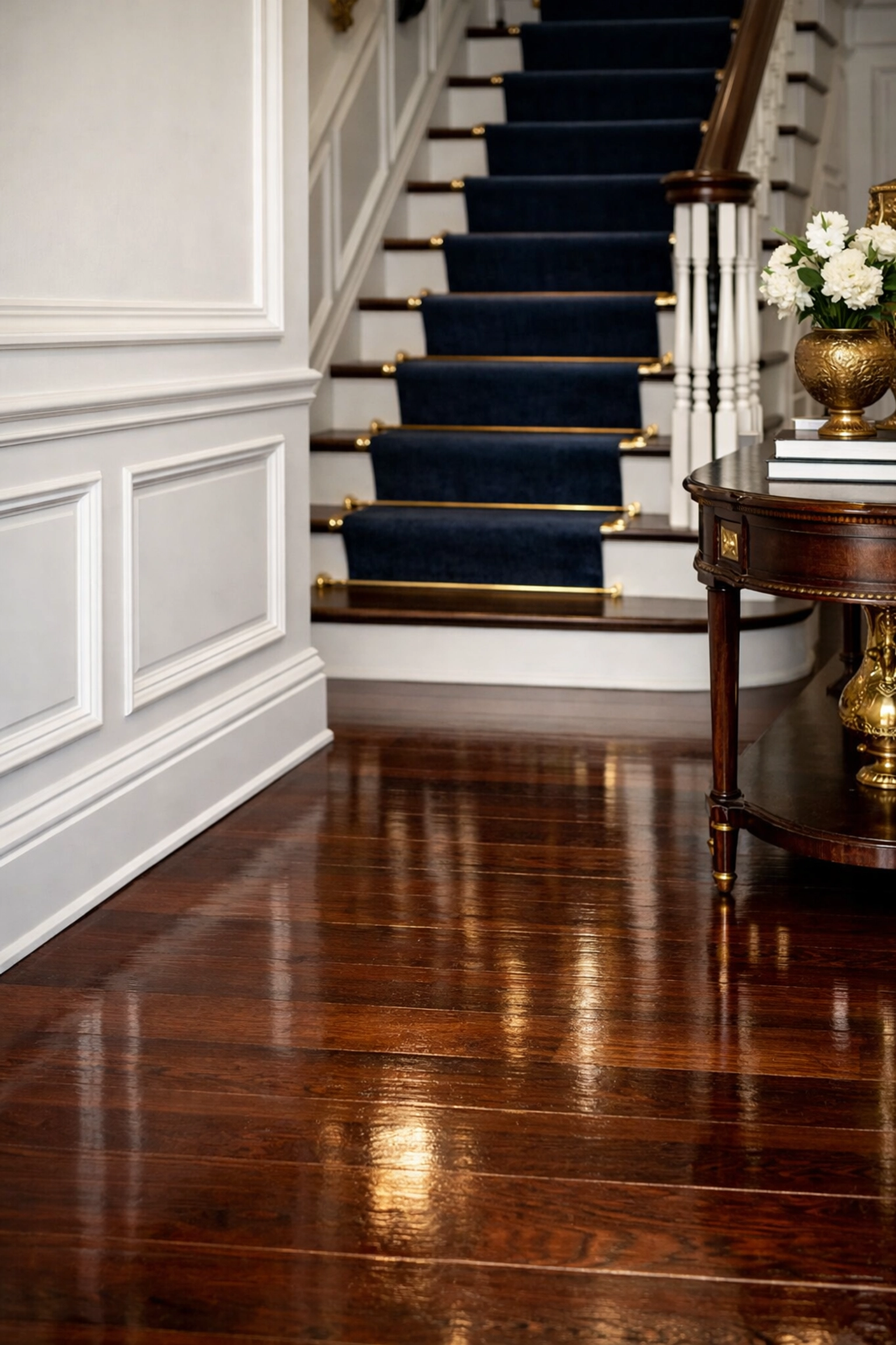 Elegant Wellesley home foyer with polished mahogany floors, highlighting luxury home maintenance and care.