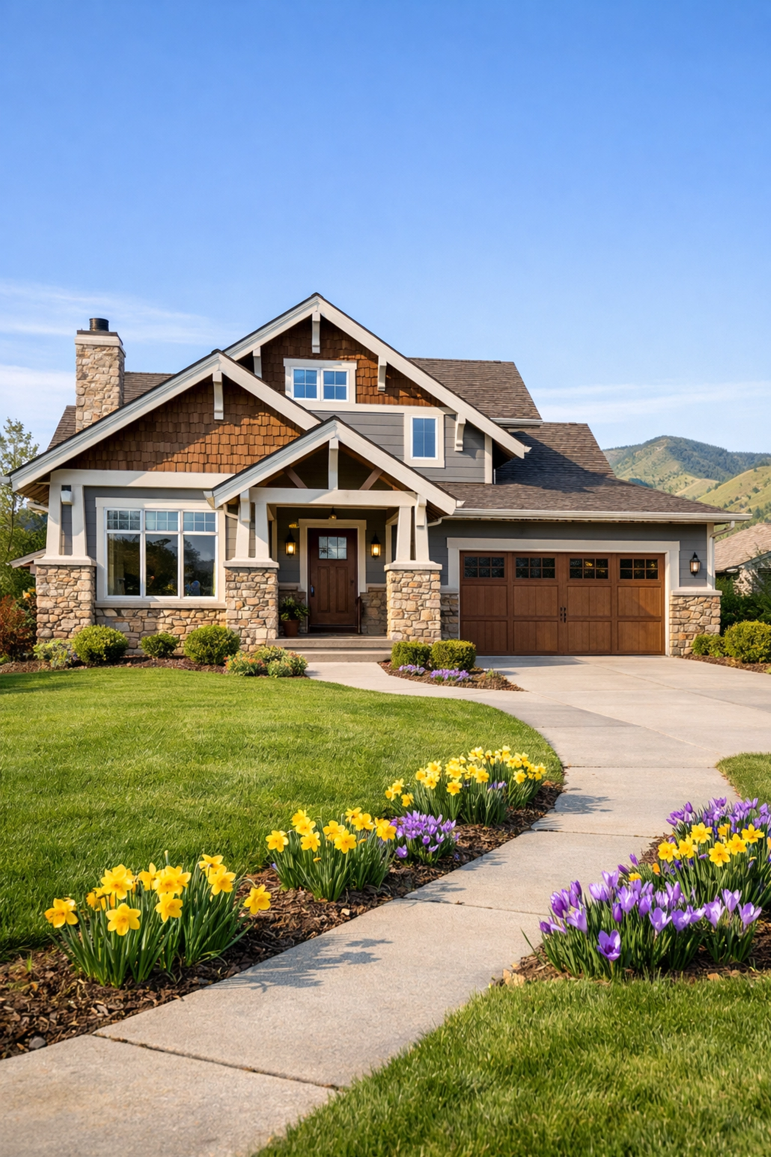 Modern craftsman home in a Littleton neighborhood with spring flowers and views of the Colorado foothills.