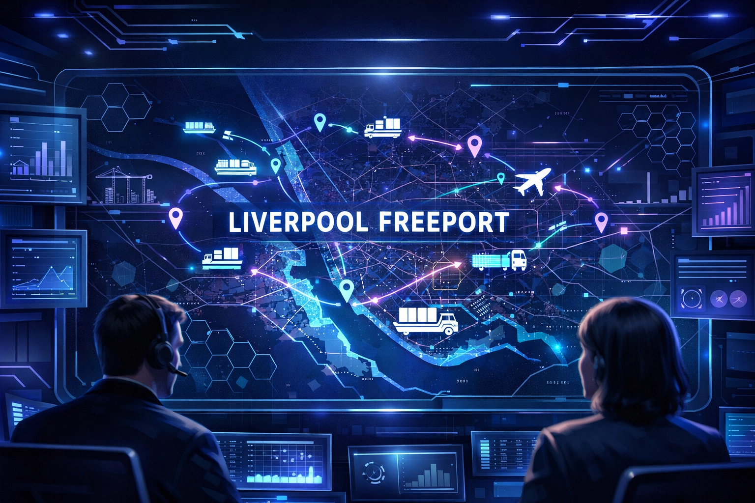 Modern logistics recruitment agency interface managing freight and driver jobs near the Liverpool Freeport.