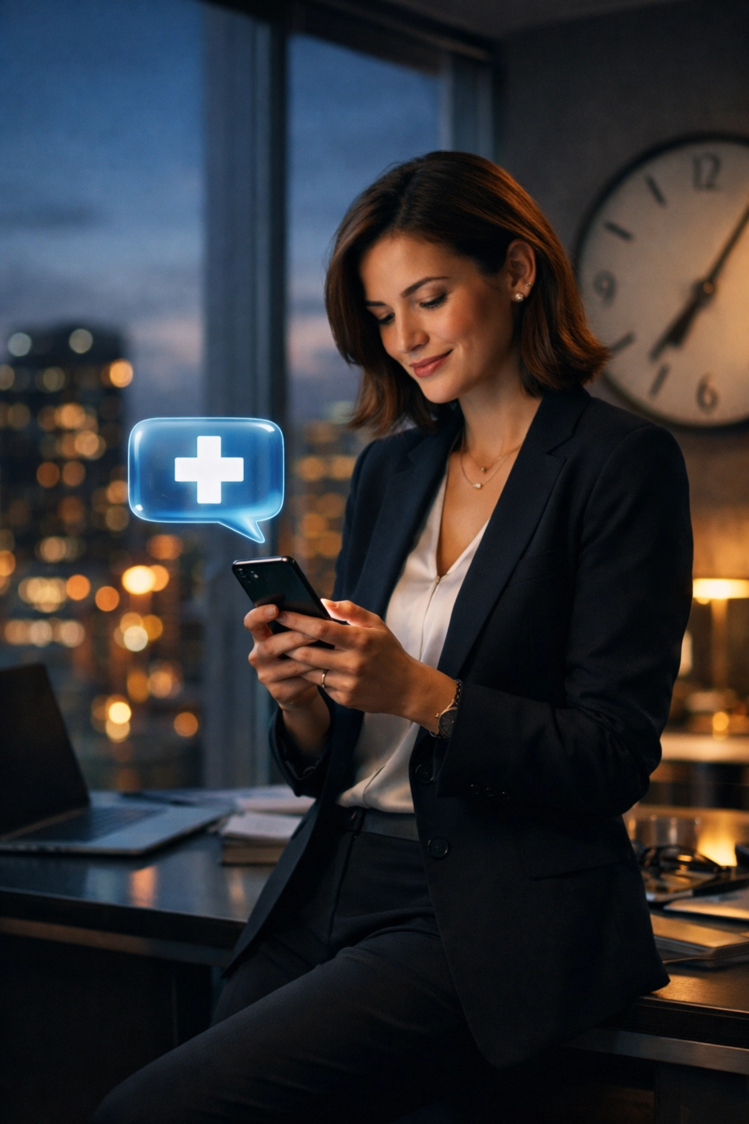 Professional woman using her smartphone to chat with a doctor 24/7 for fast online urgent care in an office.