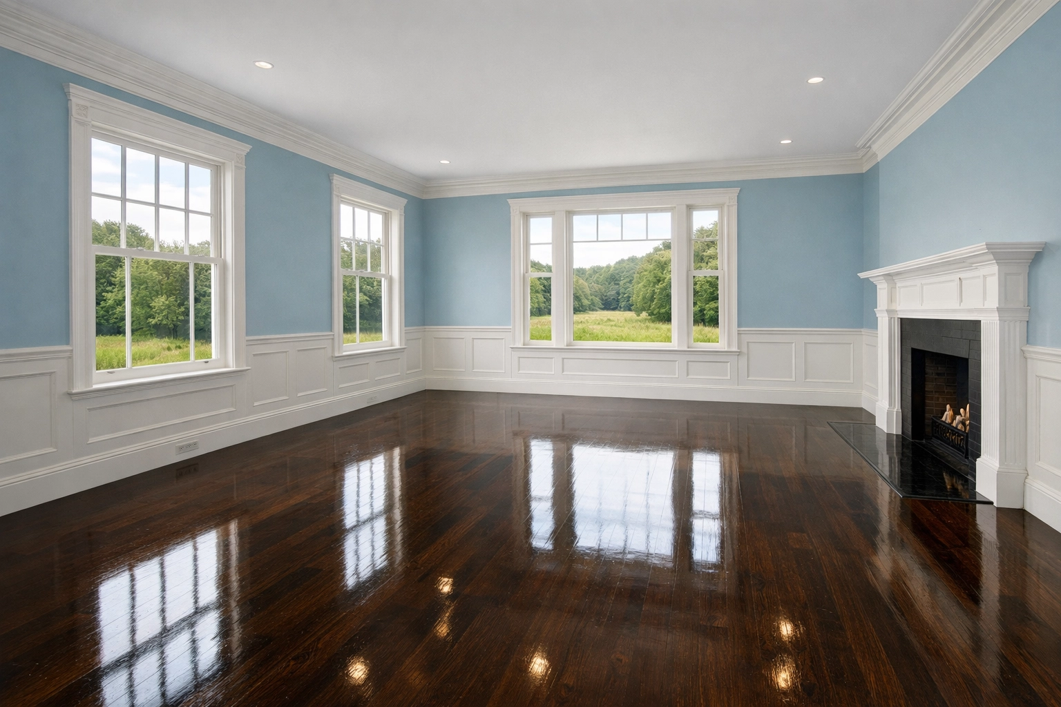 Immaculate empty living room with polished hardwood floors after a professional move-out clean in Harvard MA.
