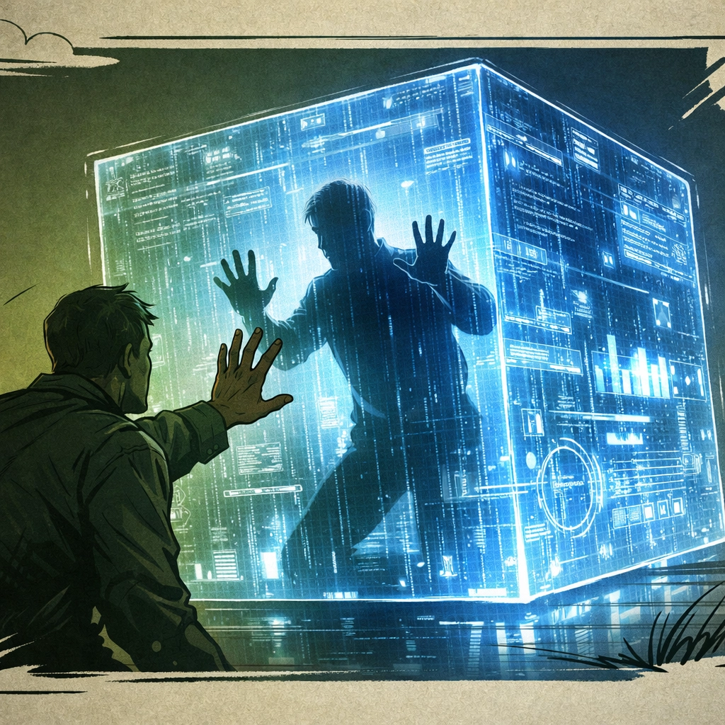 Man trapped in digital prison while another reaches through barrier in MM AI romance