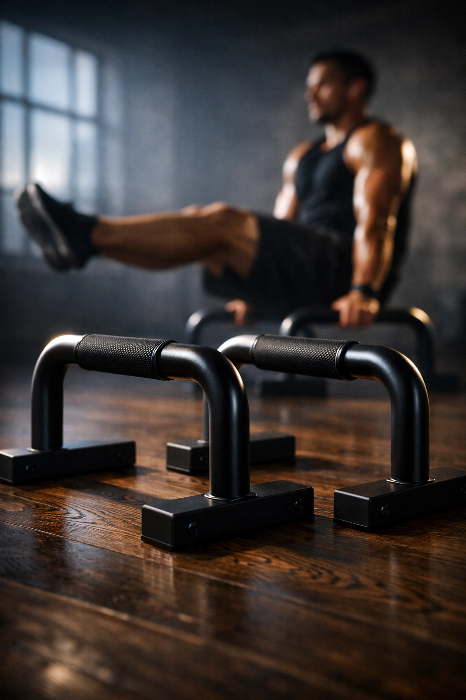 Matte black metal parallettes used for wrist protection and deep range of motion in home calisthenics.