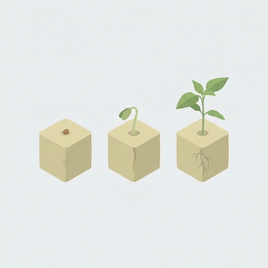 Minimalist illustration showing stages of hydroponic pepper seed germination from seed to small plant