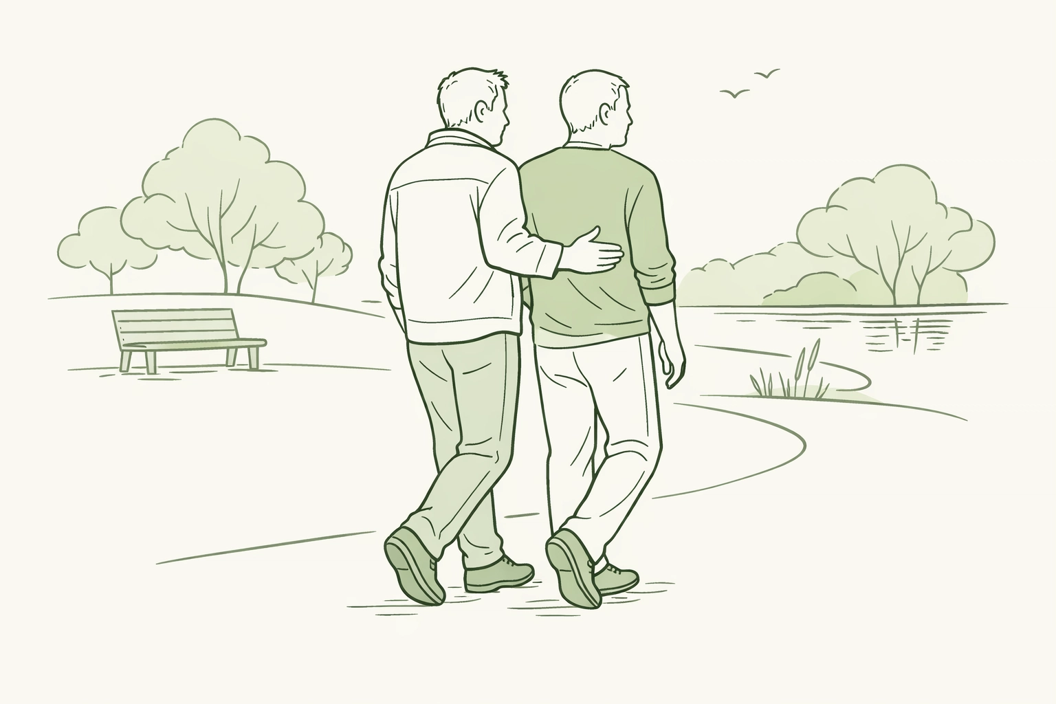 Supportive middle-aged gay couple walking together, symbolizing the journey of coming out later in life.