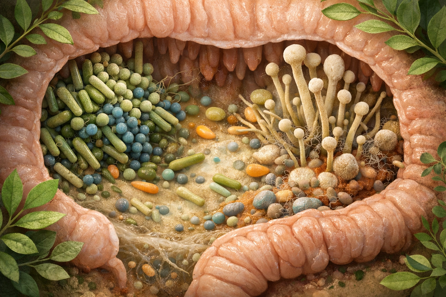 Scientific, earthy representation of gut dysbiosis (microbial imbalance) with abstract intestinal forms and mixed bacteria/fungi.