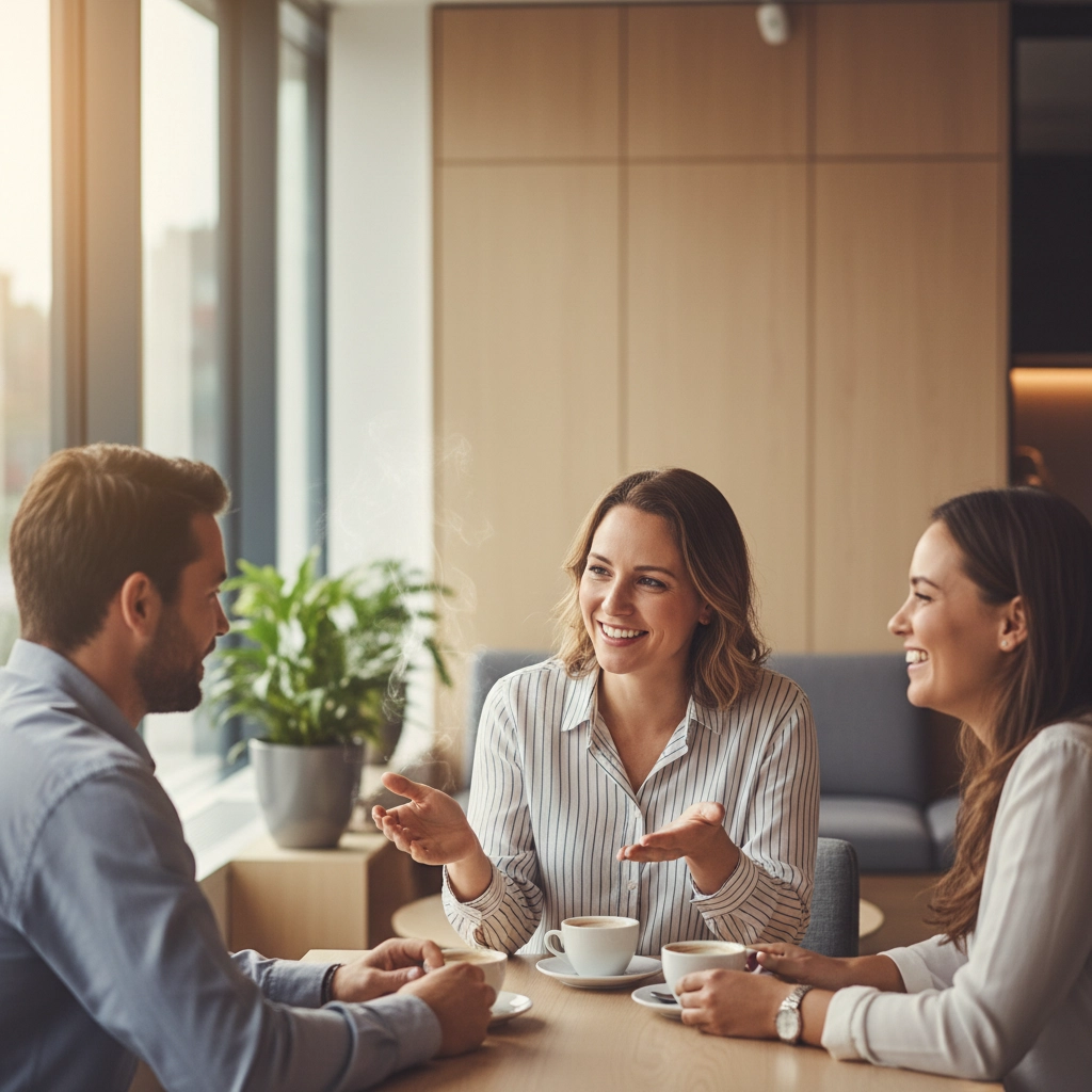 Three people sitting at a table, smiling and talking over coffee. Sunlit room with wooden panels and a plant in the background. Relaxed mood.
