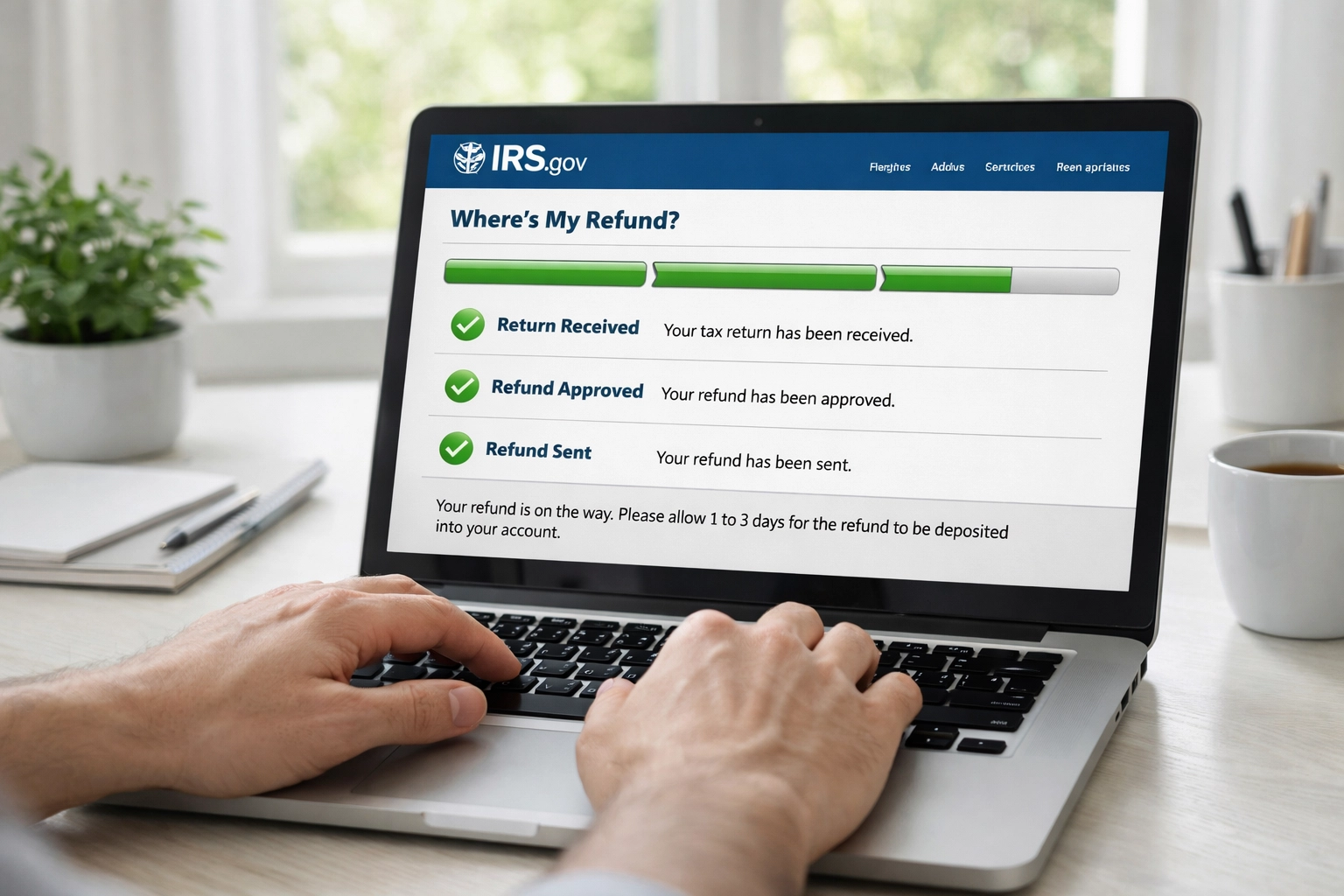 Taxpayer checking legitimate IRS Where's My Refund tool on laptop