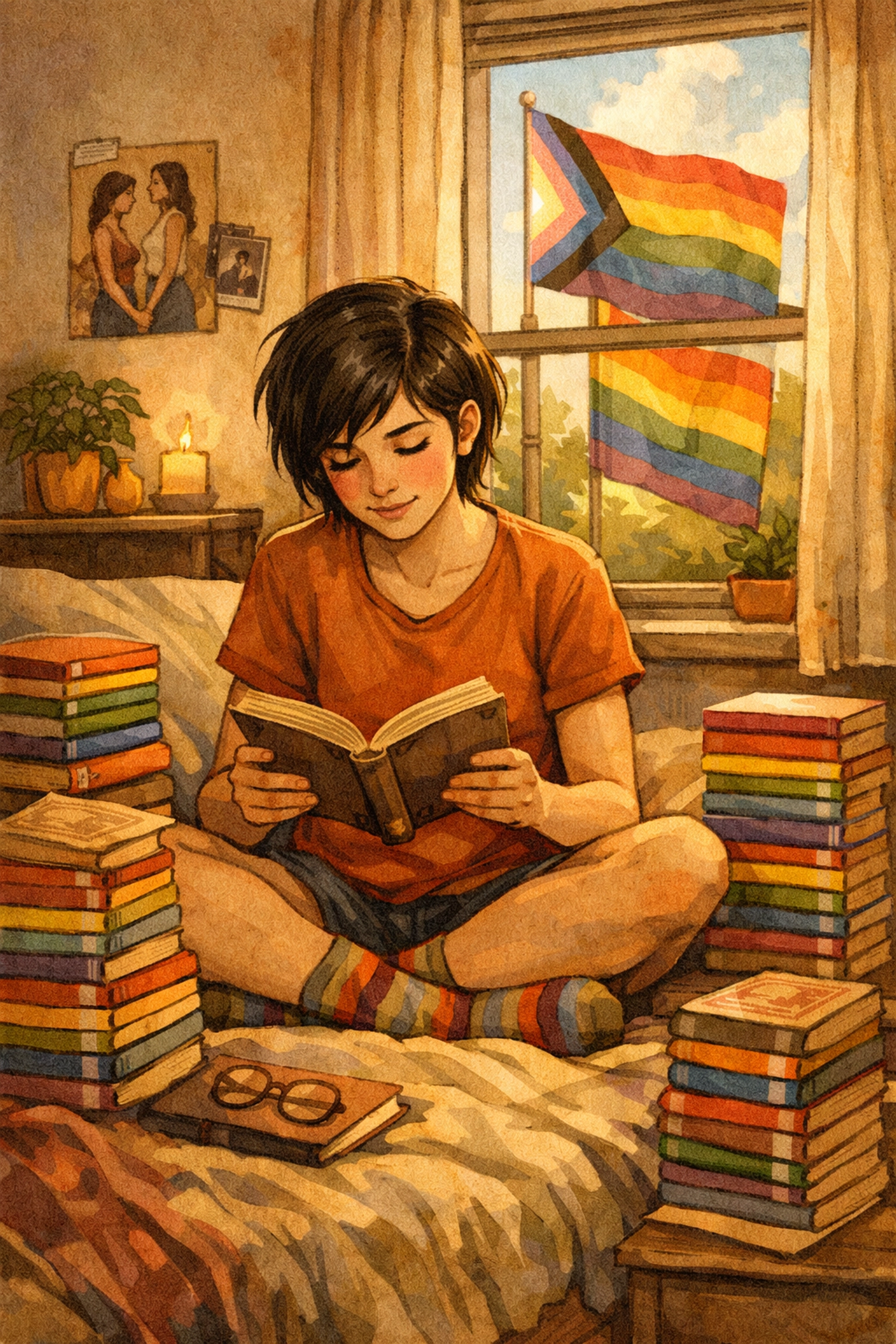 Young woman discovering queer literature surrounded by vintage LGBTQ+ novels and rainbow pride symbols