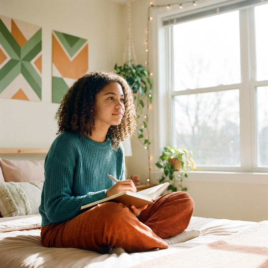 Teenage girl reflecting peacefully in bedroom during puberty transition