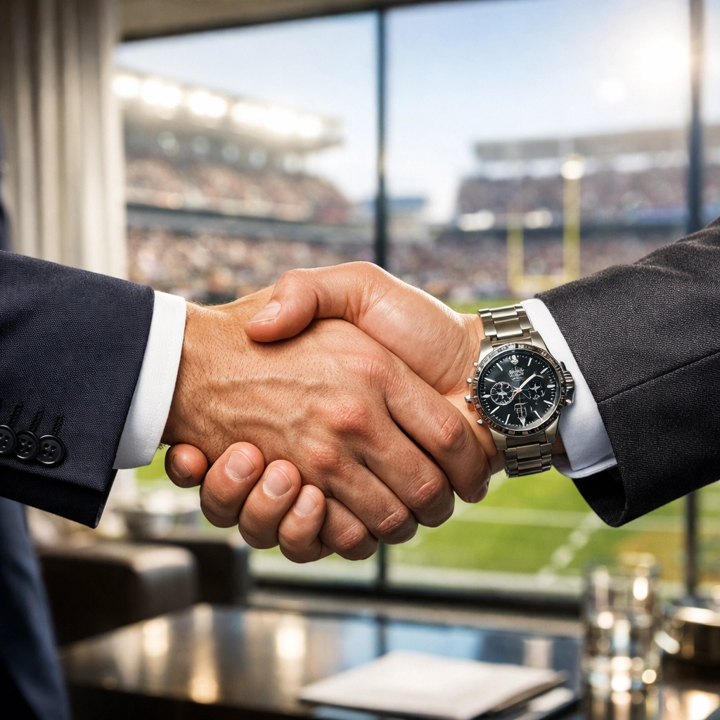Business executives closing a Q1 deal with a handshake in a luxury Super Bowl stadium suite.