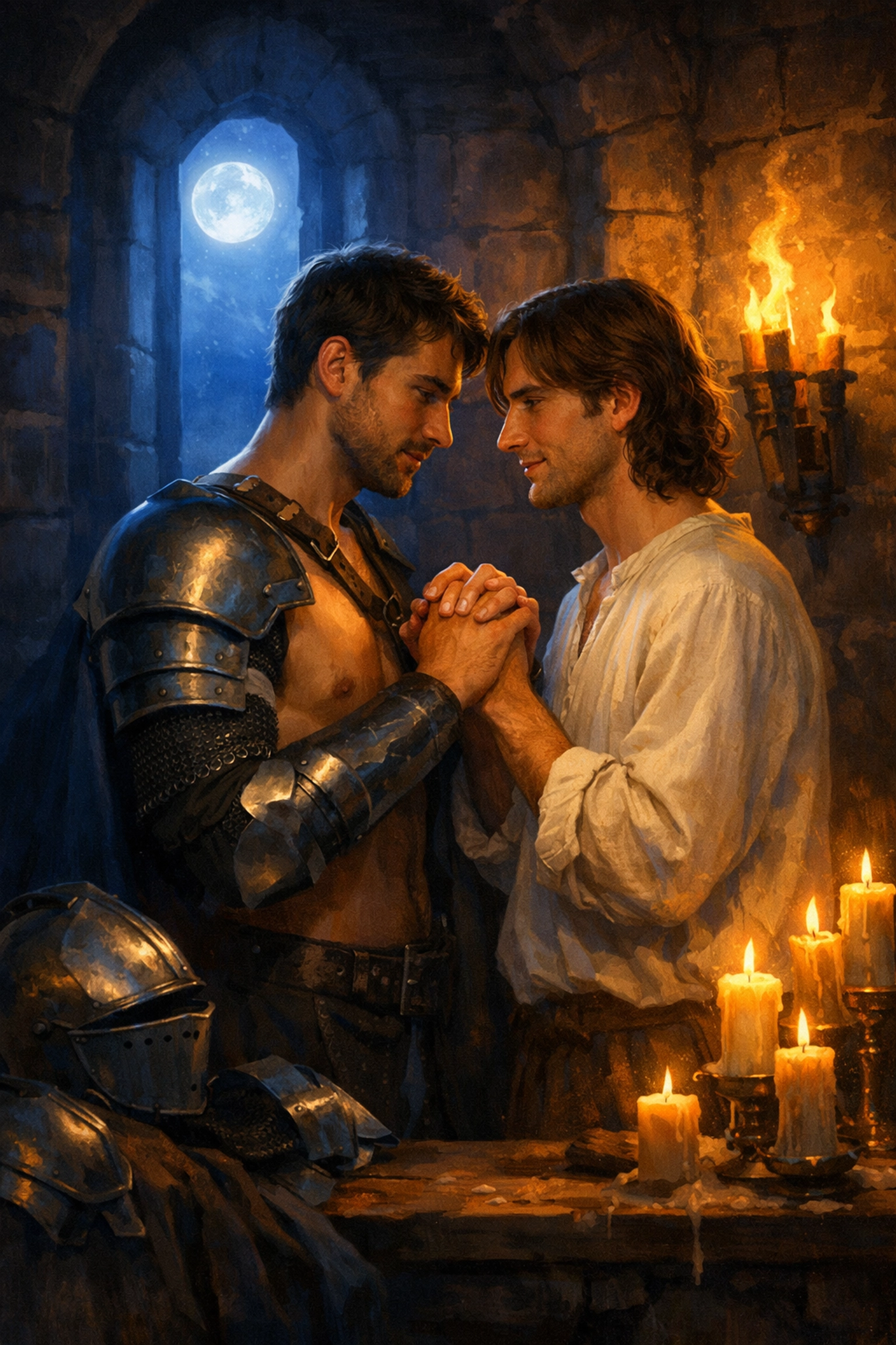 Two men making secret vows by moonlight in medieval chamber - knight and prince forbidden love story