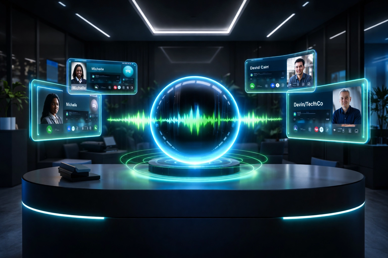 Advanced AI voice assistant manages calls at a modern reception desk, symbolizing 24/7 voice AI efficiency for businesses.