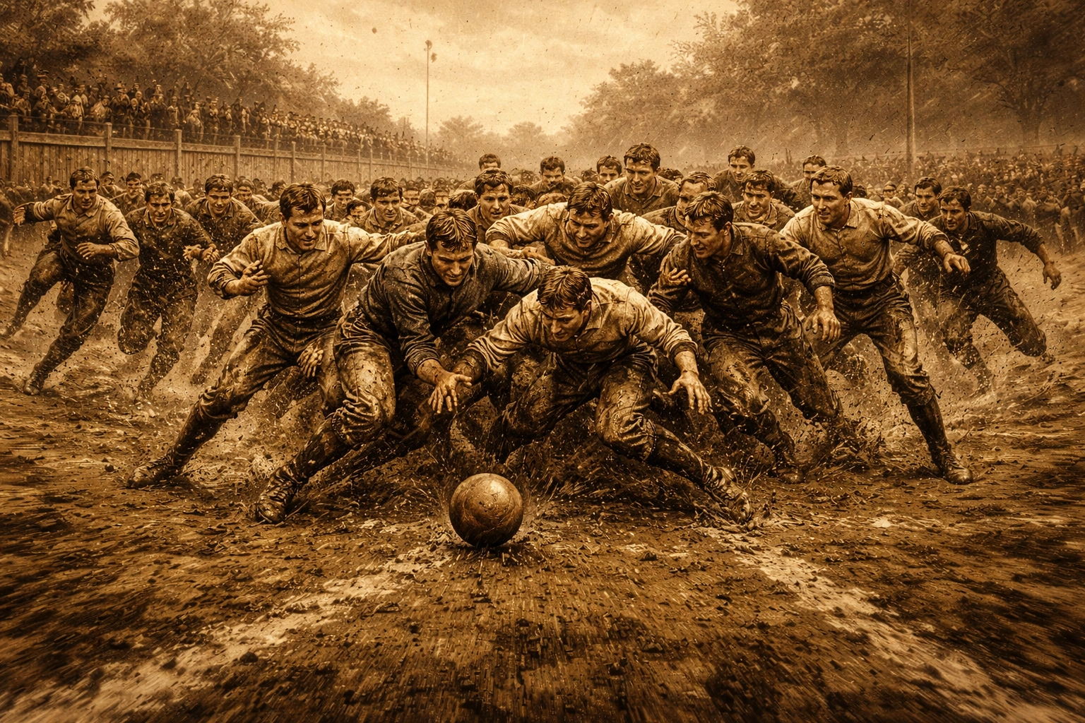 Sepia illustration of 1869 Rutgers vs. Princeton football game with 50 players in chaotic action on a muddy field