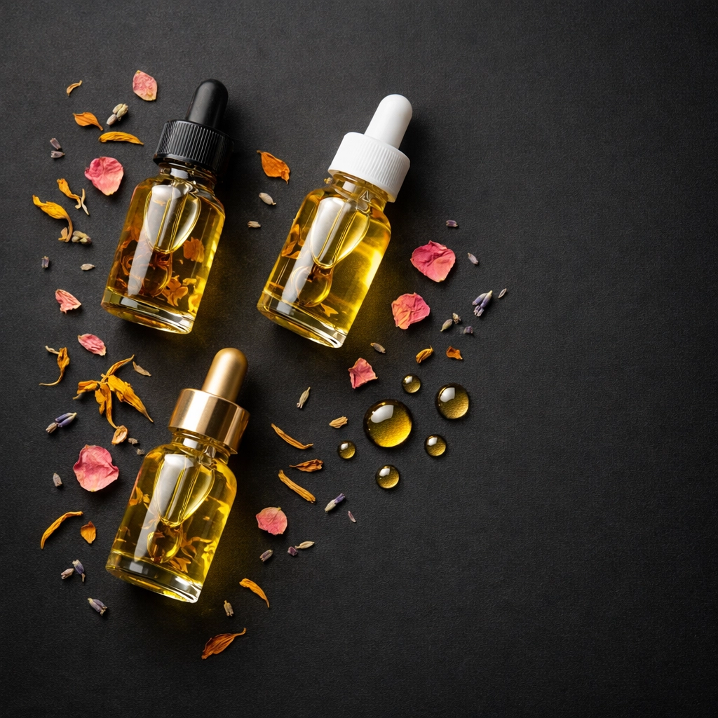 Waterless skincare products featuring concentrated botanical facial oils in glass bottles with dried flowers